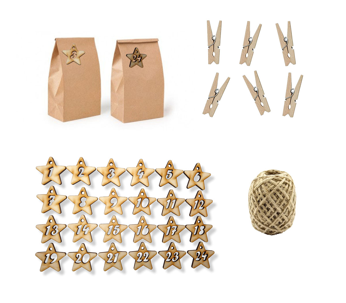 Kalendarz adwentowy torebki kraft 24 szt. + numerki, sznurek i klamerki, Drewniane gwiazdki, EKO Zestaw
