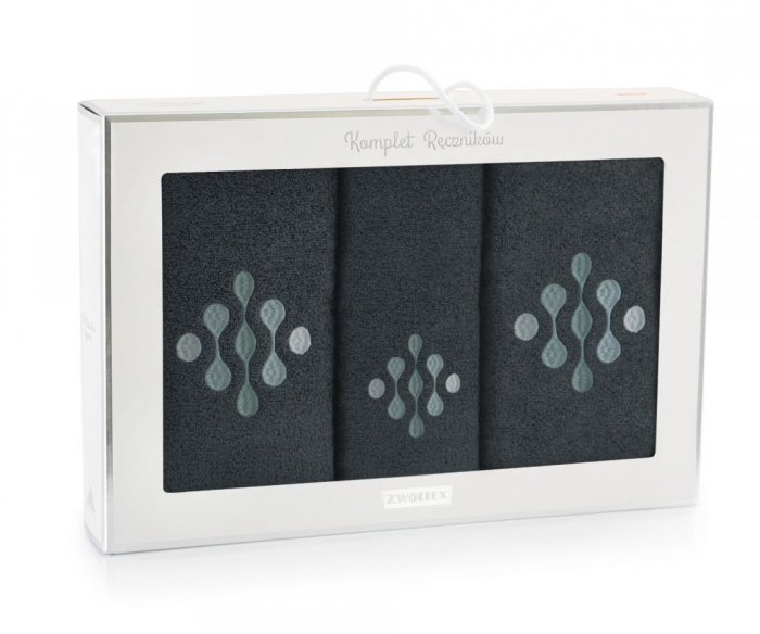 Trzyczęściowy komplet ręczników z bawełny egipskiej w pudełku - wz. KROPLE grafit