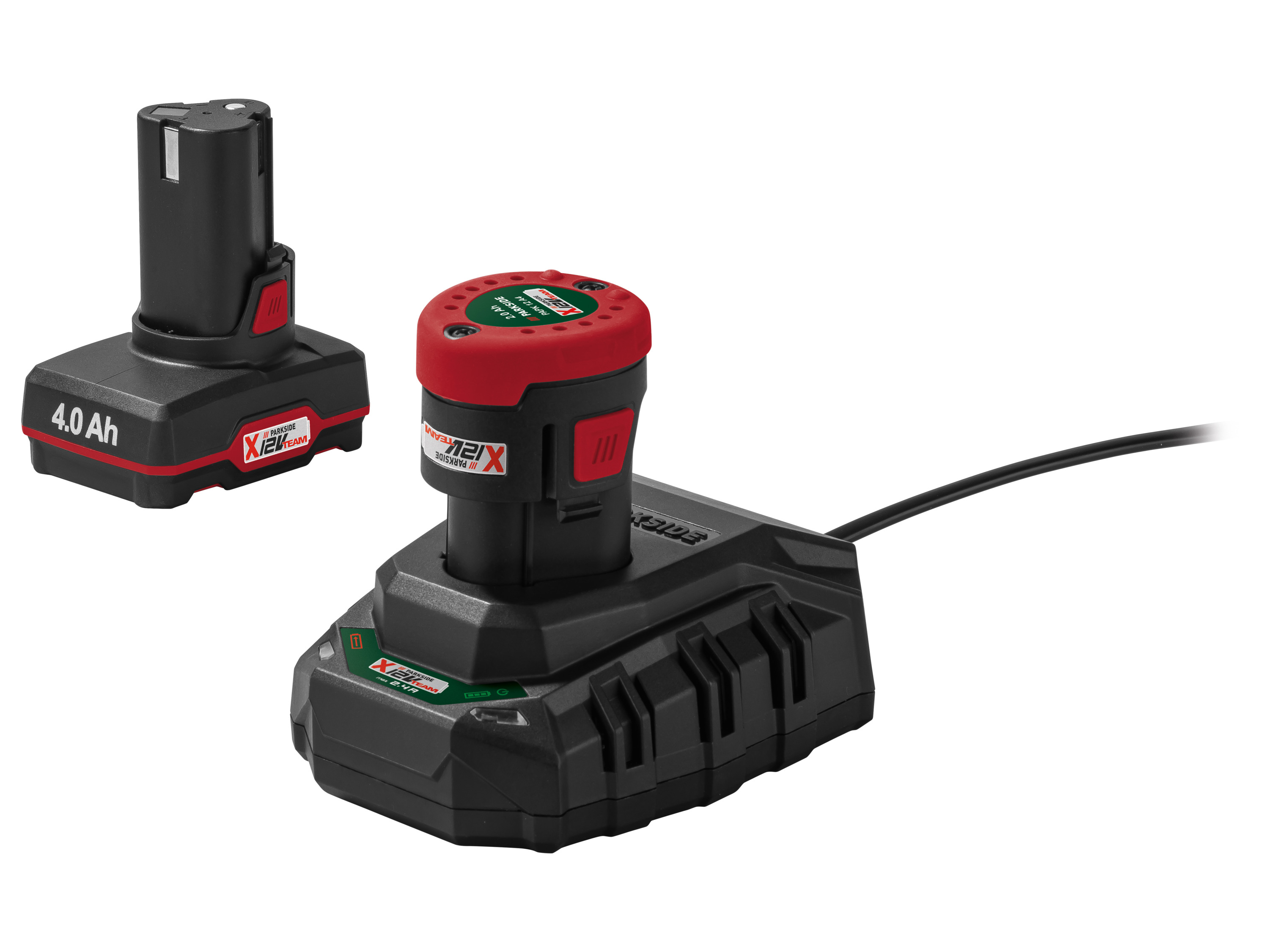 Parkside Zestaw 2 akumulatorów, 12 V, 2 Ah i 4 Ah, z ładowarką 2,4 A