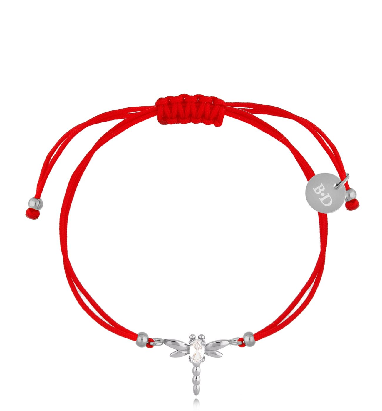Bransoletka srebrna z czerwonym sznurkiem i ważką Libellula BGL0712 - By Dziubeka