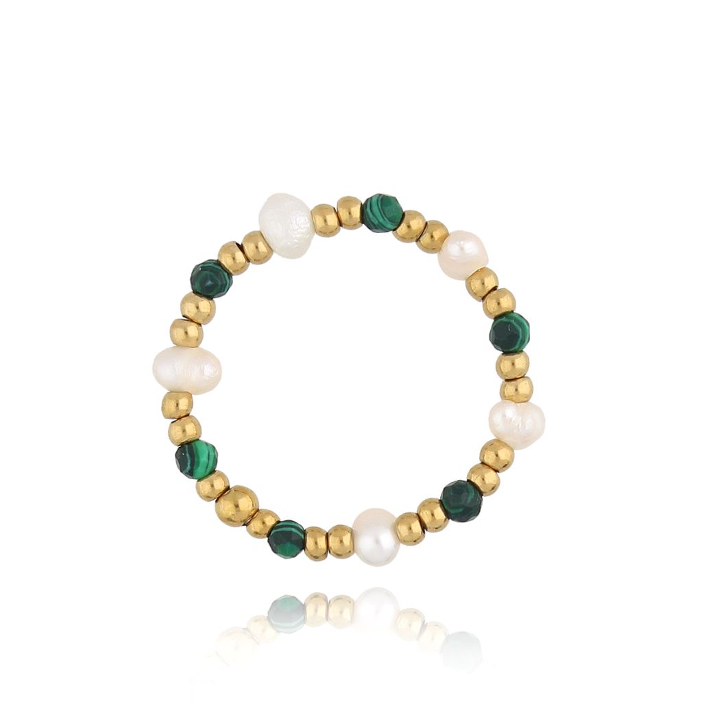 Pierścionek z perełkami i malachitami Aguililla PSC0446 - By Dziubeka