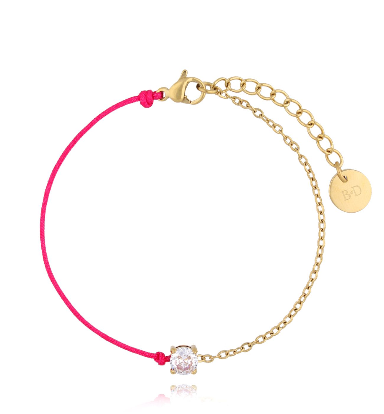 Bransoletka złota z fuksjowym sznurkiem Abella - By Dziubeka
