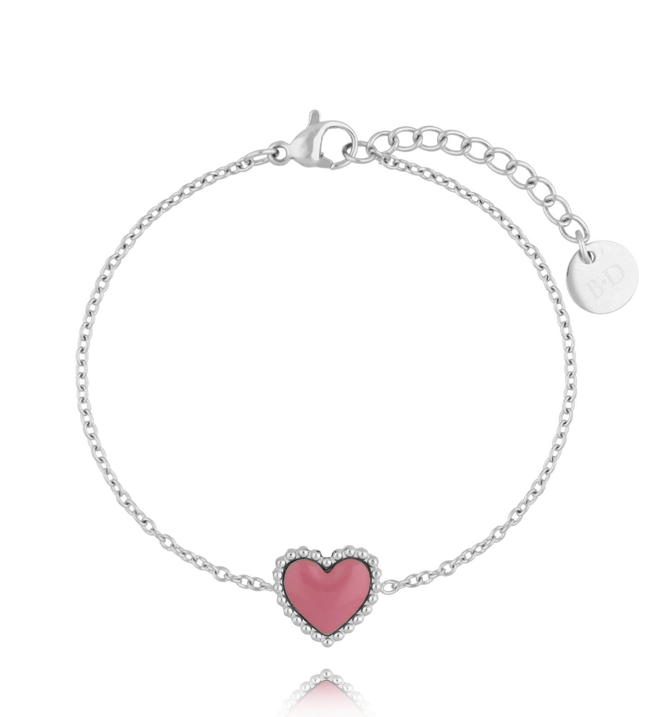 Bransoletka srebrna z sercem i różową emalią Enamel Heart - By Dziubeka