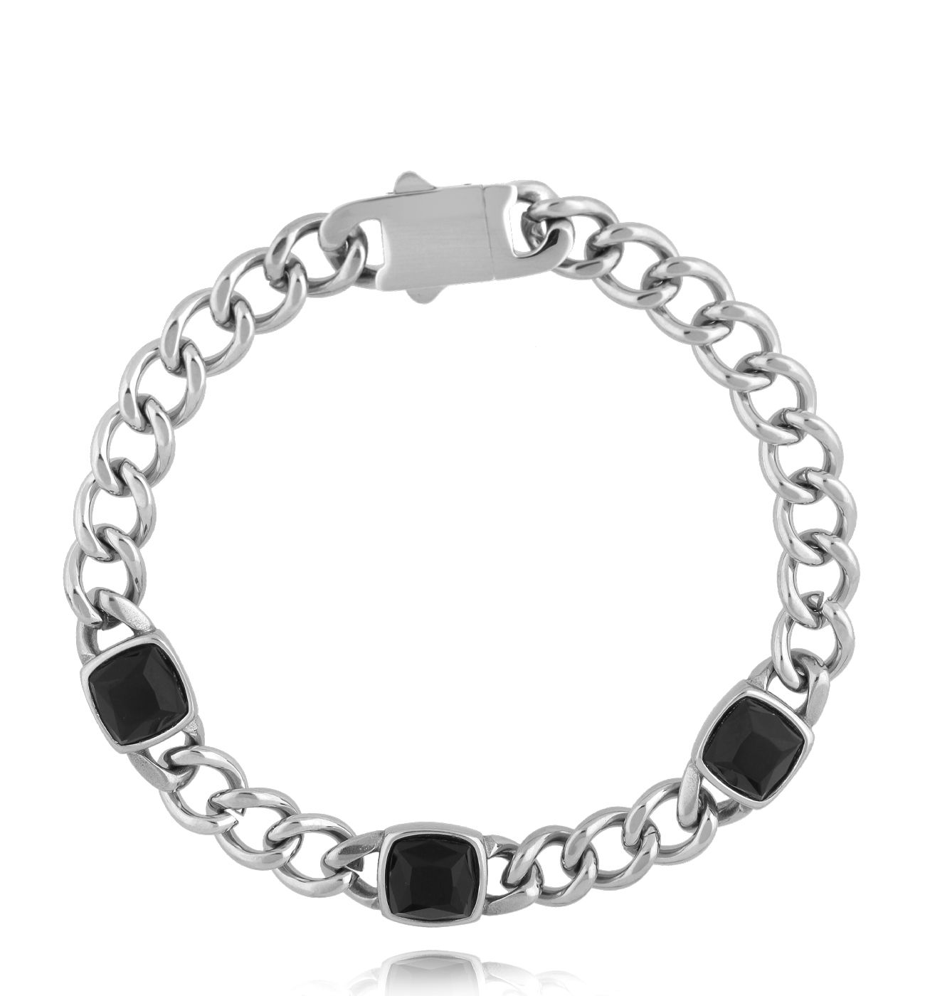 Bransoletka męska srebrna z czarnymi agatami 38 - By Dziubeka