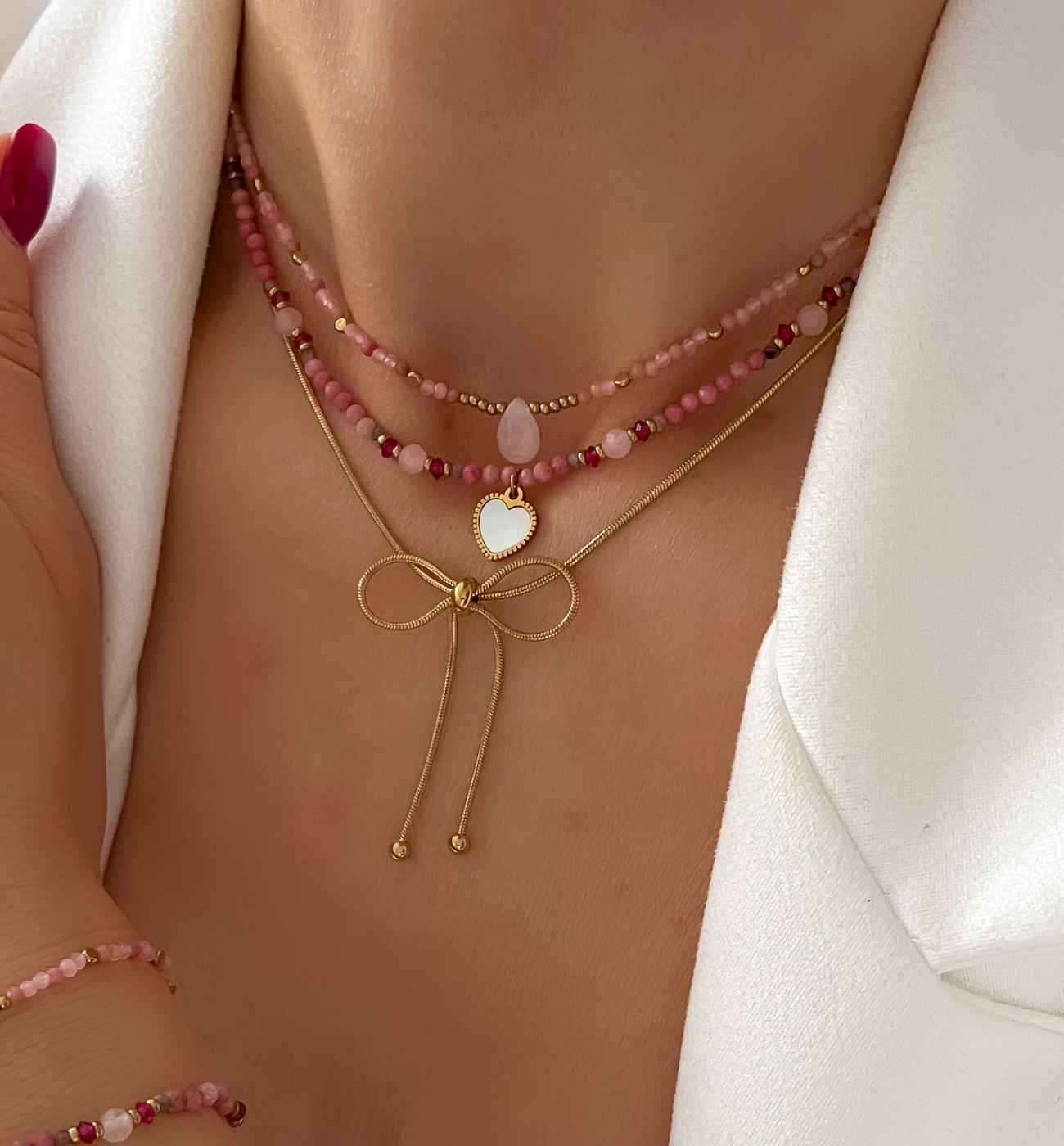 Naszyjnik z rodochrozytami i serduszkiem - By Dziubeka