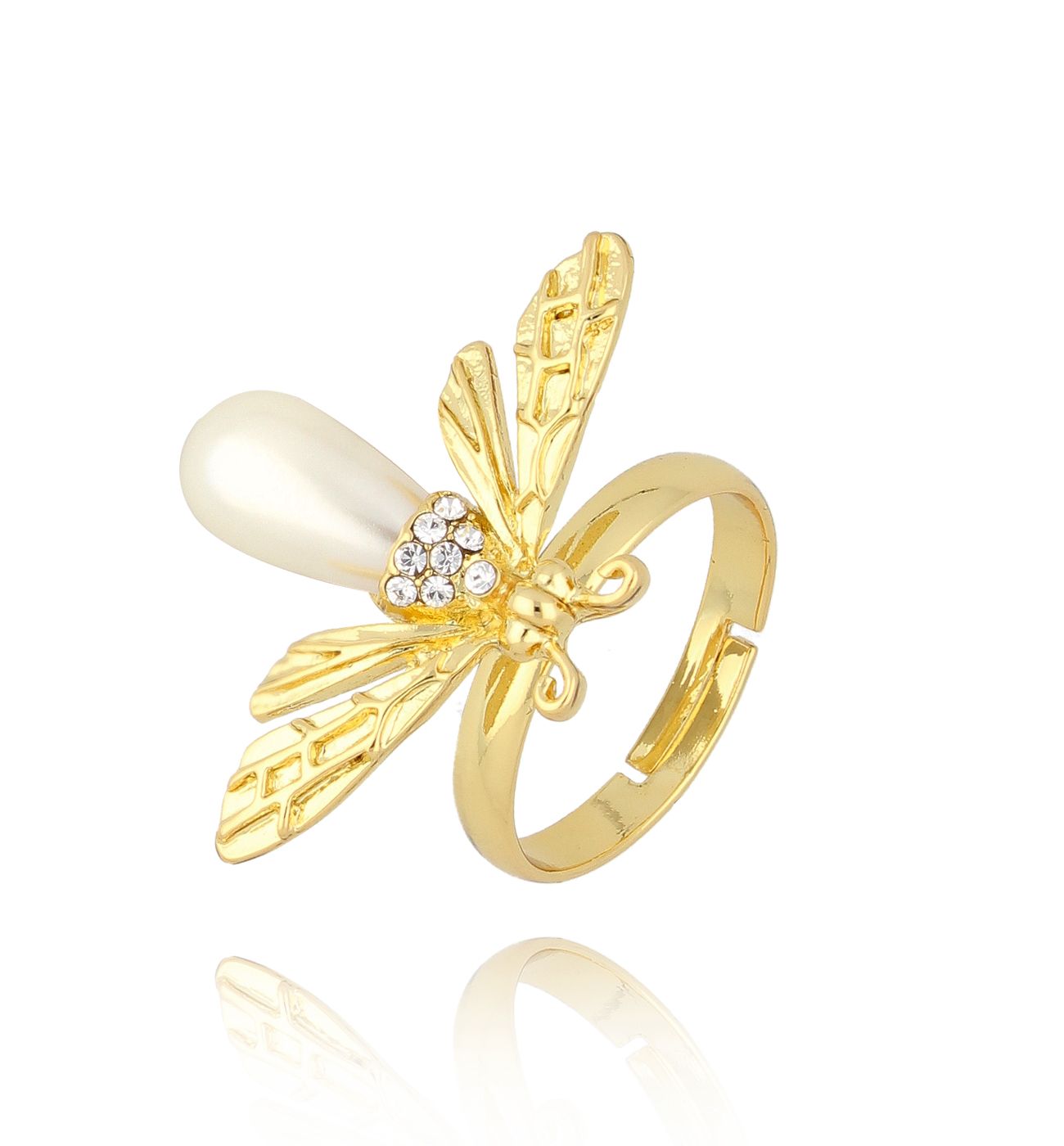 Pierścionek złoty z owadem z perłą Pearl Butterfly PMI0117 - By Dziubeka