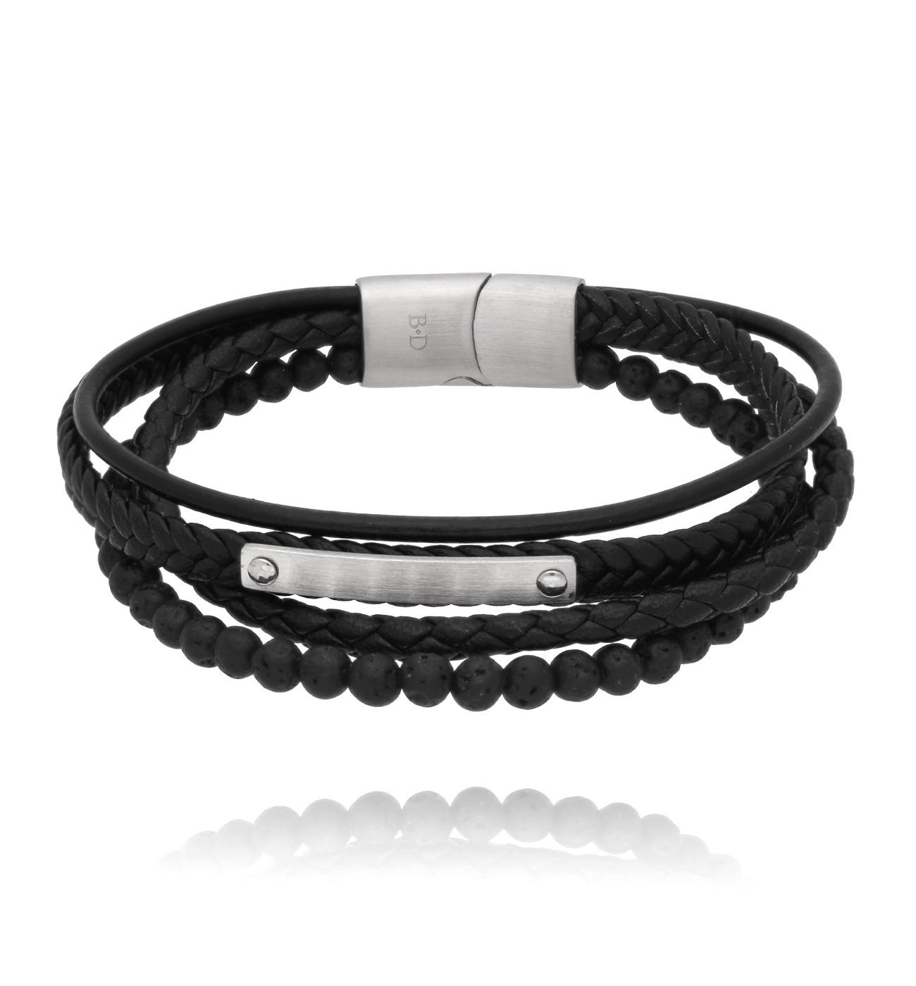 Bransoletka męska skórzana czarna z lawą wulkaniczną 32 - By Dziubeka