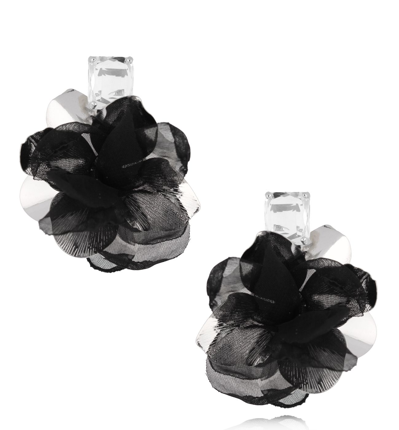 Kolczyki srebrne z czarną tkaniną Gold Blossom - By Dziubeka