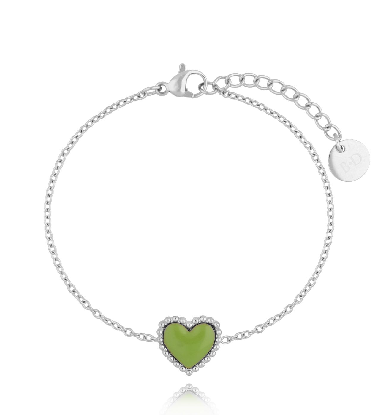Bransoletka srebrna z sercem i zieloną emalią Enamel Heart - By Dziubeka
