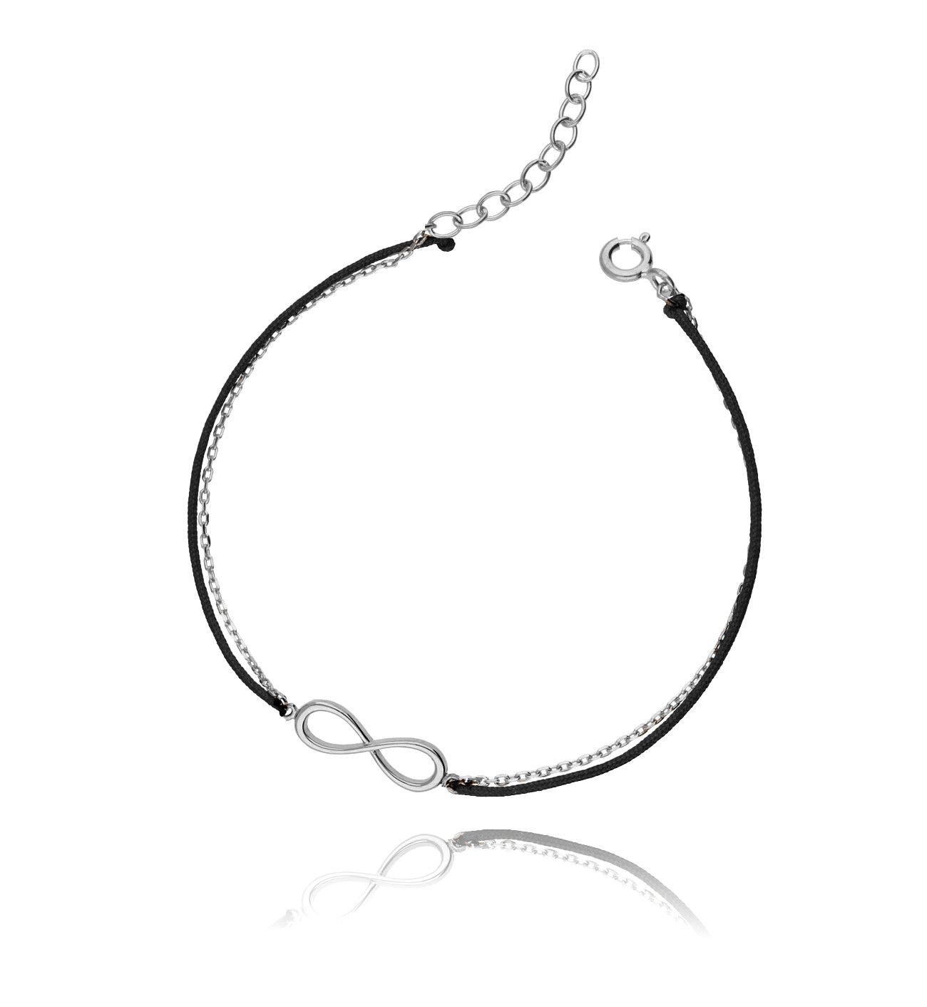 Bransoletka srebrna na czarnym sznurku - nieskończoność - By Dziubeka