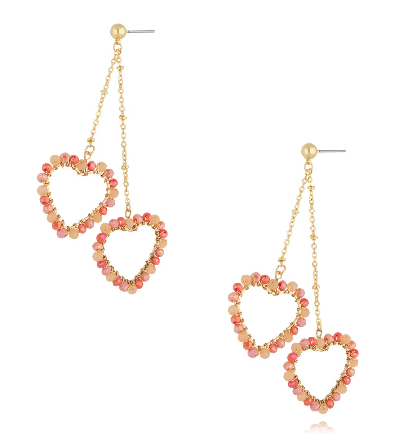 Kolczyki serca z brzoskwiniowymi i malinowymi kryształkami KWE0236 - By Dziubeka