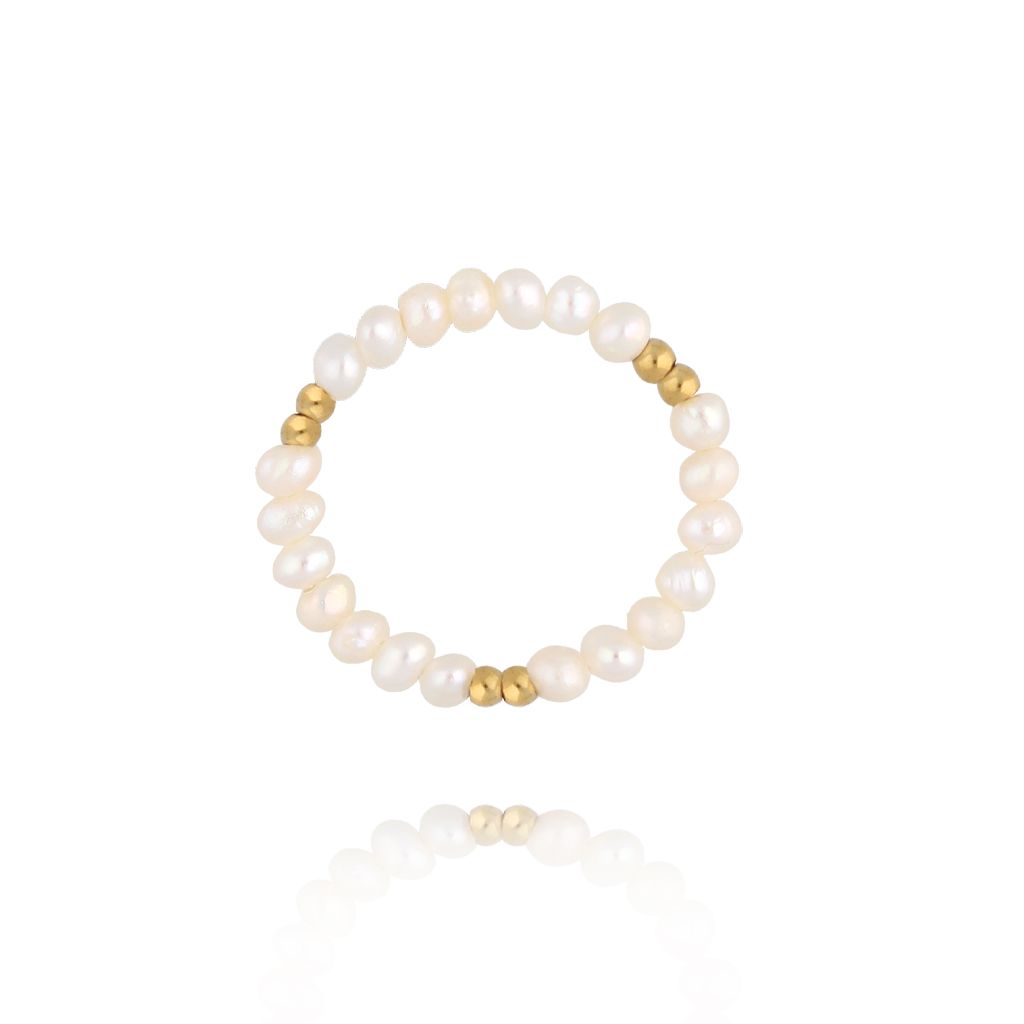 Pierścionek elastyczny z perłami złoty - By Dziubeka