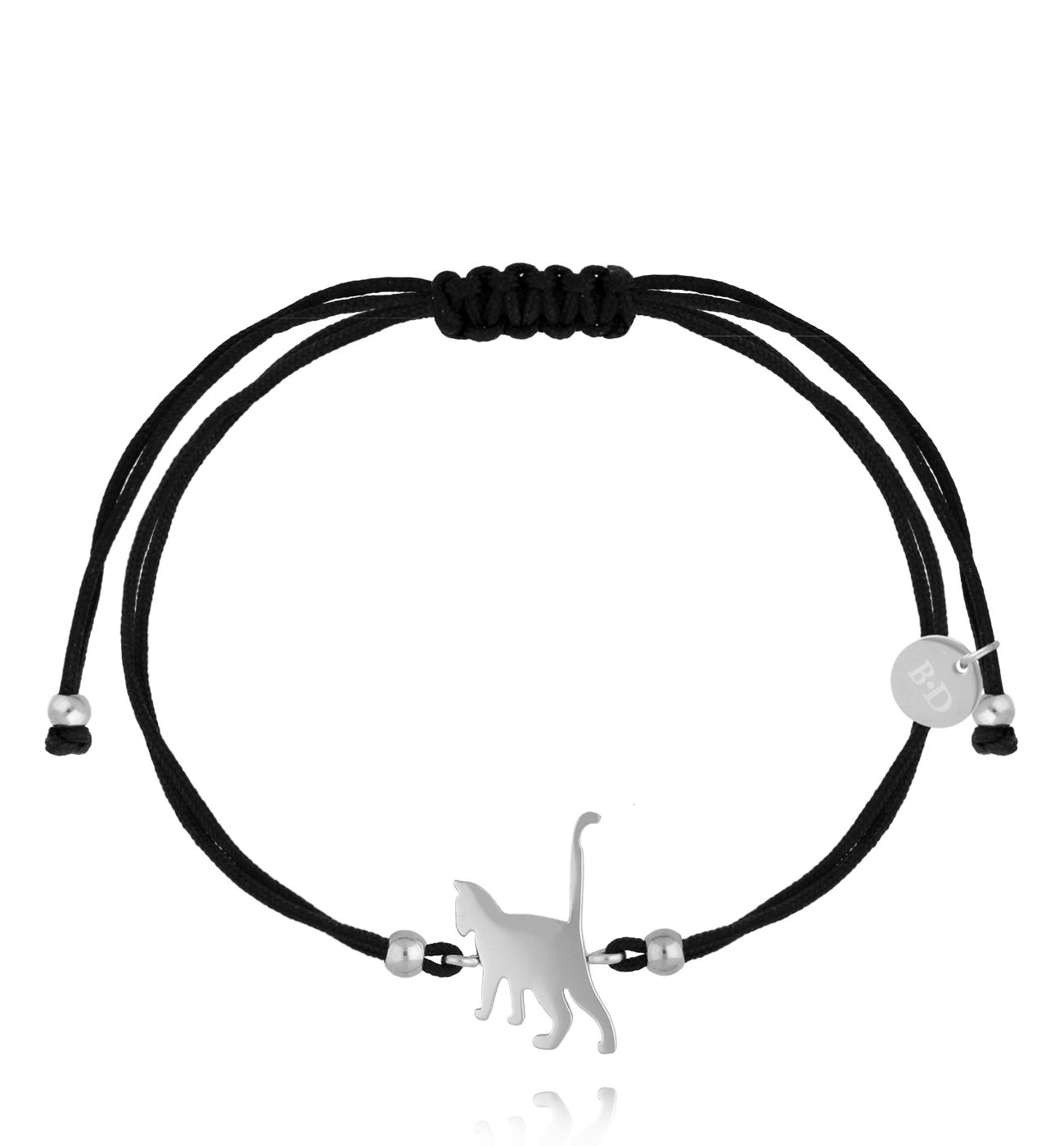 Bransoletka z czarnym sznurkiem i srebrnym kotkiem BGL1072 - By Dziubeka