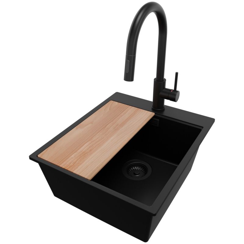 Zlewozmywak Granitowy Oslo PRIMAGRAN Nablatowy 43x50cm do szafki od 45cm, Cały Czarny + Bateria + Syfon + Deska, 1 szt.