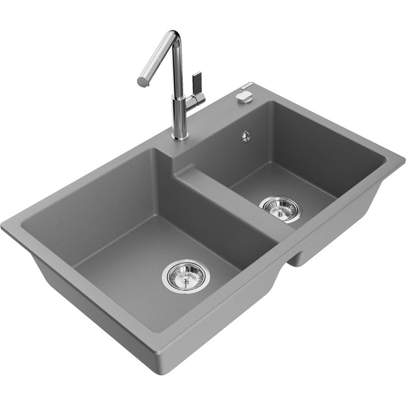 Zlewozmywak granitowy 2-komorowy Mexen Tomas z baterią kuchenną Flora szary - 6516-71-670401-06 1 szt.