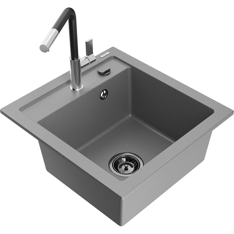 Zlewozmywak granitowy 1-komorowy Mexen Vito z baterią kuchenną Flora szary 6503-71-670401-07-B
