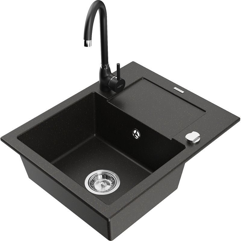 Zlewozmywak granitowy 1-komorowy Mexen Enzo z ociekaczem i baterią kuchenną Telma szary - 6506-71-670200-71 1 szt.