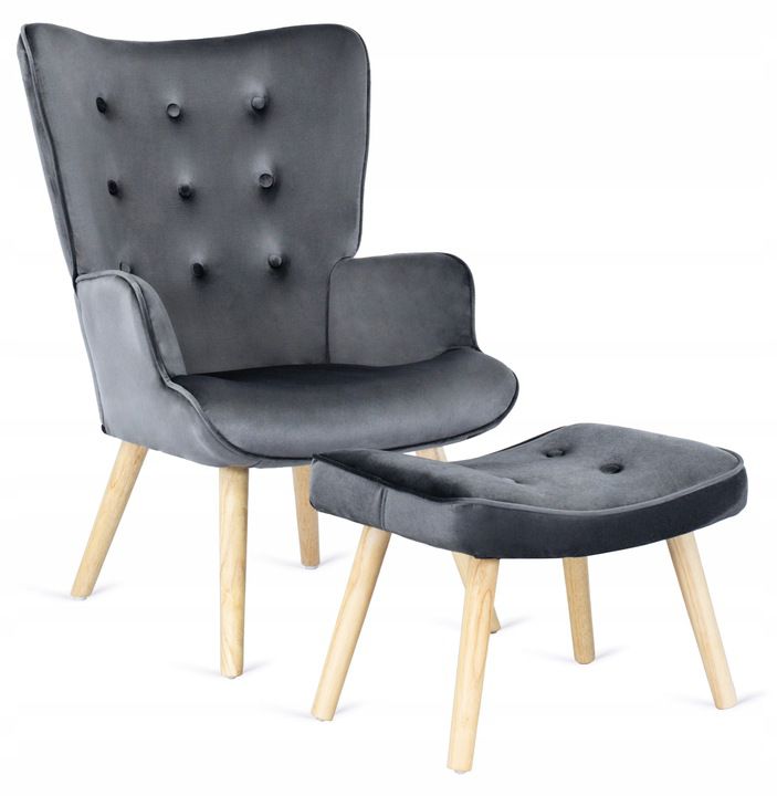 Fotel Wypoczynkowy Lozano Mebel Elite Uszak z Podnóżkiem Welurowy Szary 1 szt