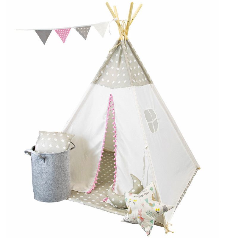 Namiot Biało-Szary Tipi PREMIUM 4iQ Group Dla Dzieci Z Poduszkami 1szt.