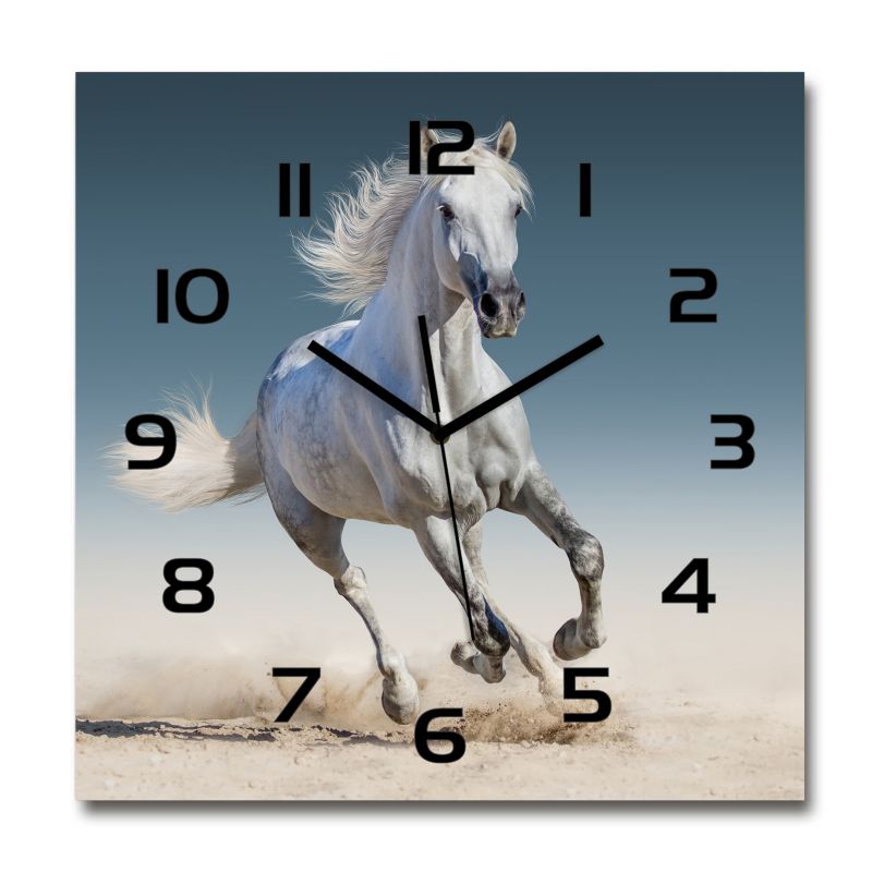 Zegar szklany Tulup Biały koń w galopie czarne wskazówki 30x30 cm cm cichy 1 szt.