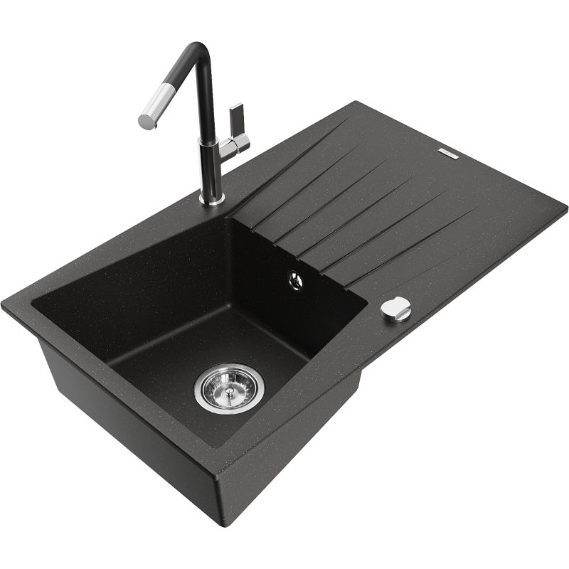 Zlewozmywak granitowy 1-komorowy Mexen Cesar z ociekaczem i baterią kuchenną Flora czarny/złoty metalik 6514-75-670401-07