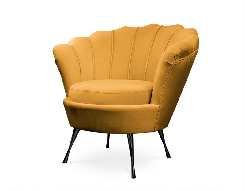 Fotel tapicerowany Bettso Muszelka na czarnej nodze do salonu miodowy 1szt.