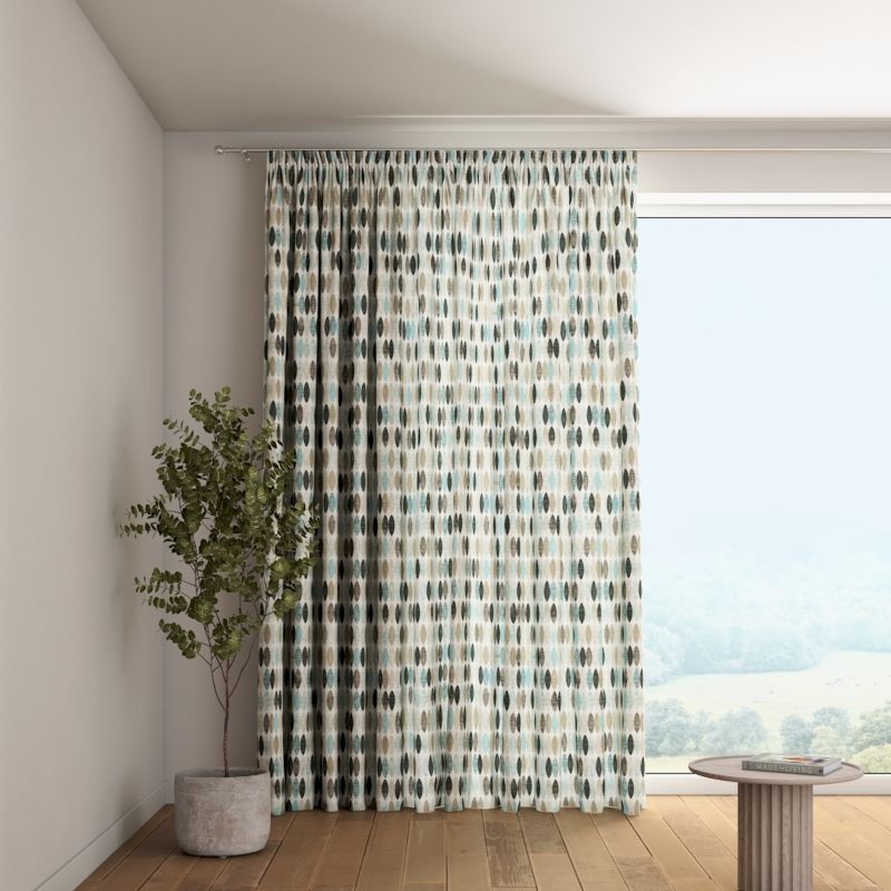 Zasłona na taśmie marszczącej 1 szt. 130 x 245 cm Dekoria wzory w odcieniach błękitu, beżu i czarnego na jasnym tle 1 szt.