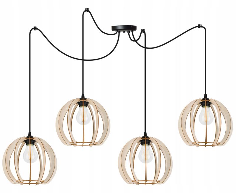 Lampa sufitowa wisząca Light Home LH Spider Timber Drewno 4x E27 60W okrągły klosz czarny/naturalny 1szt.