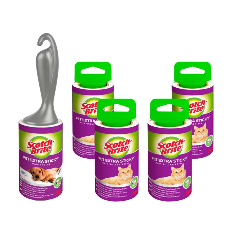 Rolka do sierści zwierząt Scotch-Brite Pet Extra Sticky Super mocna, przezroczyste powierzchnie, 48 arkuszy, + 4 wkłady