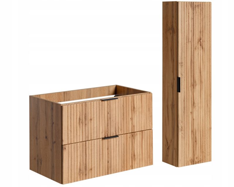 Szafka pod umywalkę i słupek Furnidea 80 cm + 140 cm dąb Wotan ryflowany Adel zestaw
