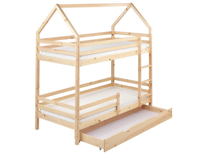 Łóżko piętrowe z szufladami Domek Drewno Girgols 90 x 200 cm ze schowkiem Jasnobrązowy 1 szt.
