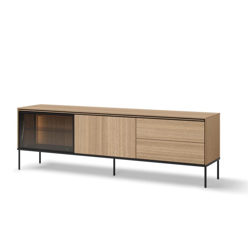 Szafka rtv dwudrzwiowa z szufladami Bettso Lissa szeroka przeszklona z oświetleniem LED dąb linearny czarny 1szt.