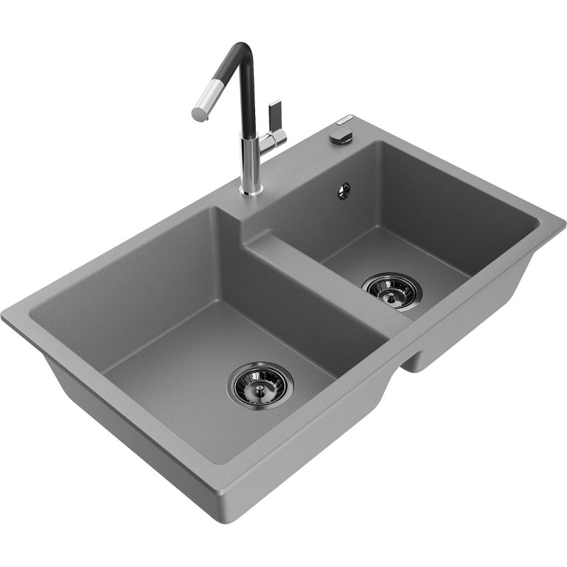 Zlewozmywak granitowy 2-komorowy Mexen Tomas z baterią kuchenną Flora szary - 6516-71-670401-00 1 szt.