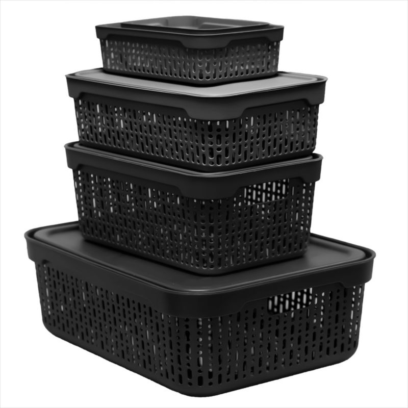 Koszyk EDANTI Zestaw Koszyczków Ażurowych Plastikowych Pojemnik Z Pokrywką Czarny 1 kpl.