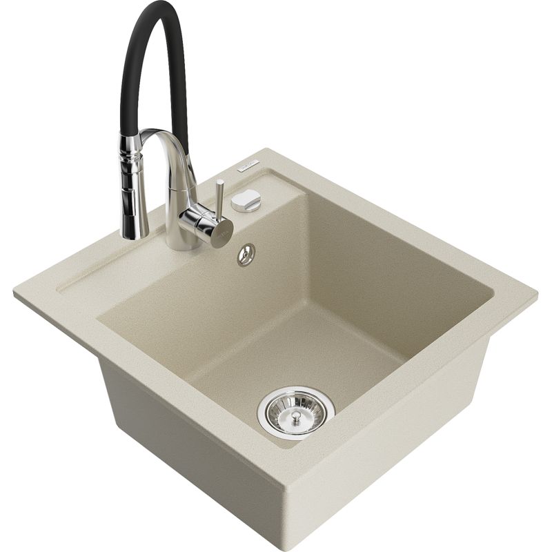 Zlewozmywak granitowy 1-komorowy Mexen Vito z baterią kuchenną Aster beżowy 6503-69-73450-07