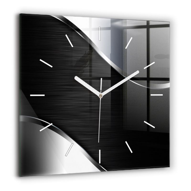 Zegar szklany białe wskazówki Wallfluent 60x60 cm Czarno srebrne linie 1 szt.