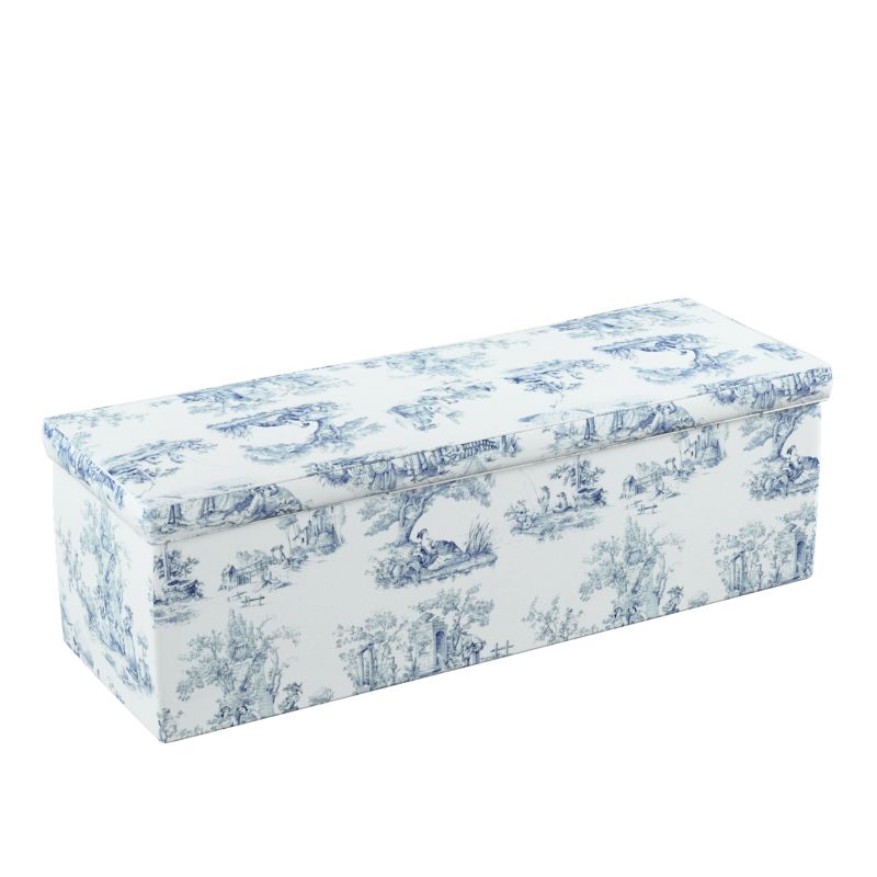 Skrzynia tapicerowana Dekoria 120 x 40 x 40 cm scenki rodzajowe w kolorze niebieskim na tle ecru 1 szt.