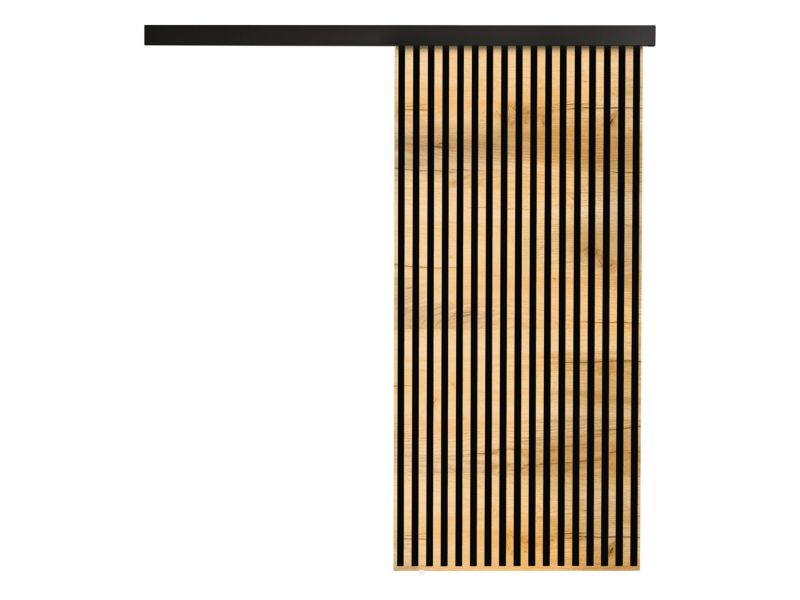 Drzwi przesuwne wewnętrzne MIRJAN 24 Belmo 90 + samodomykacz dąb craft złoty / czarne lamele 1 kpl.