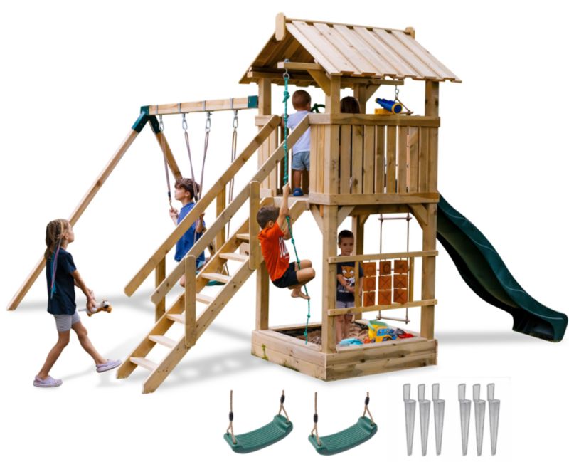 Plac zabaw dla dzieci Meblogród Mały Raj zielona zjeżdżalnia i huśtawki, piaskownica, drabinka do wspinaczki, 1kpl