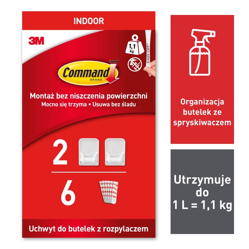 Wieszak na butelkę z rozpylaczem 3M Command , samoprzylepny uchwyt, biały, 2 haczyki 6 pasków