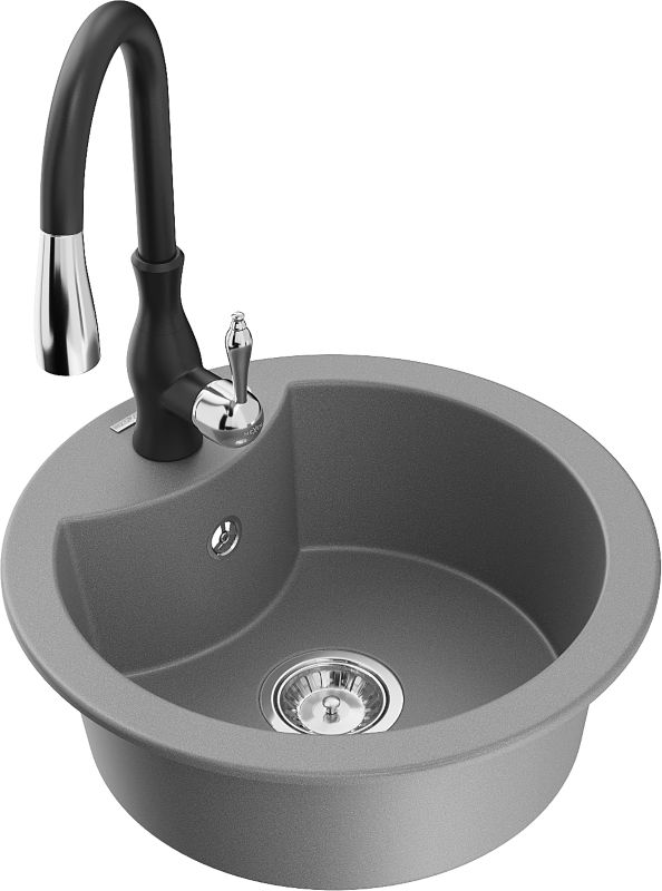 Zlewozmywak granitowy Mexen Diego 1-komorowy z baterią kuchenną Savita szary 6512-71-672601-70