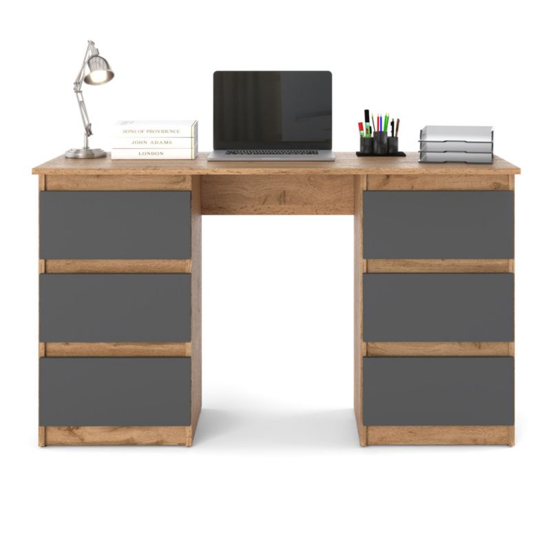 Biurko Hurtownia-Mebli Szuflady 6 Hugo 120cm Dąb Wotan Szary Mat 120x50x75 cm 1szt.