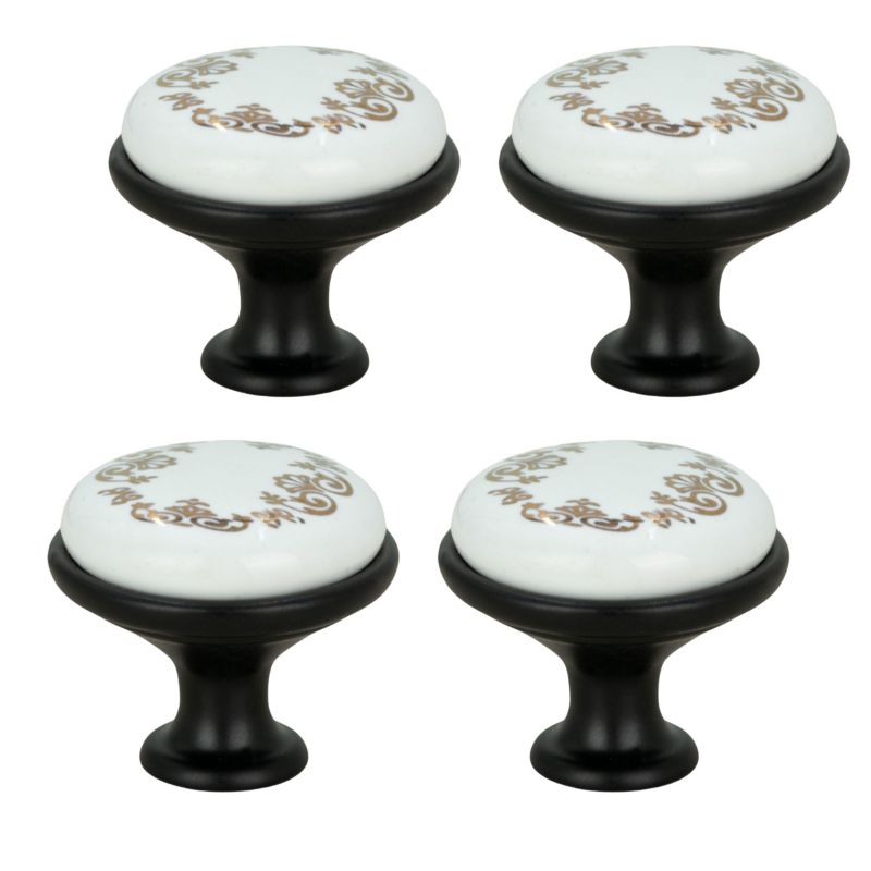 4 x Gałka meblowa okrągła czarna z ceramiką i wzorem retro 4 szt