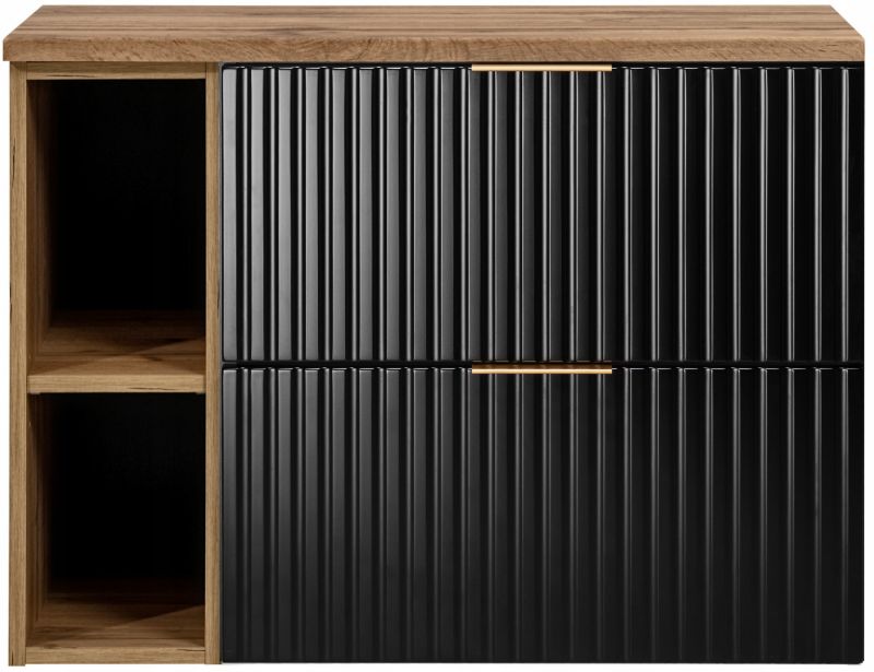 Szafka pod umywalkę FLOW 80 cm czarna dąb wisząca blat regał szuflady ryflowane fronty