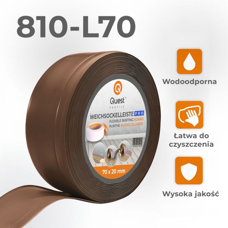 Listwa przypodłogowa PCV 70x20mm, QUEST, elastyczna, miękka listwa podłogowa, cokołowa, brąz, 25m