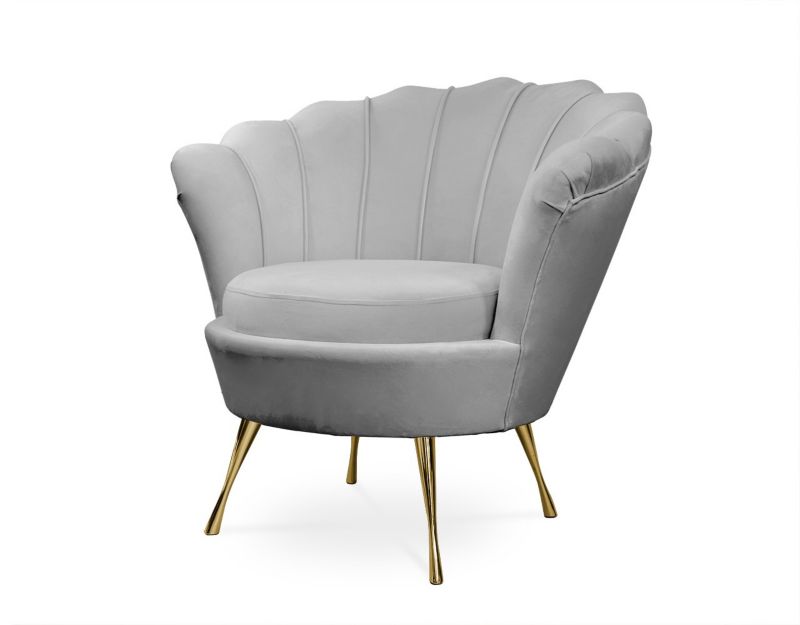 Fotel tapicerowany Bettso Muszelka na złotej nodze do salonu szary 1szt.