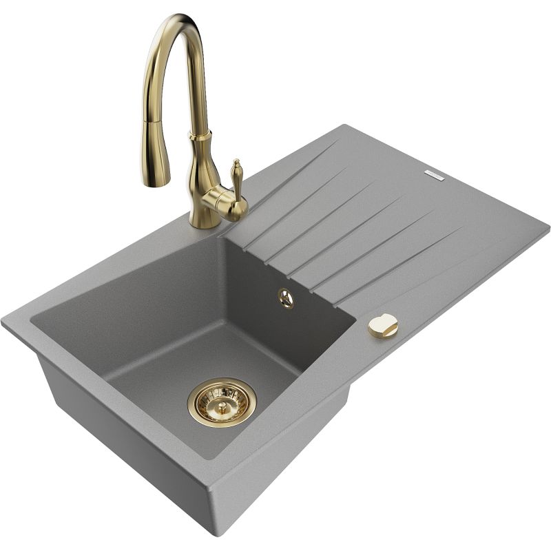 Zlewozmywak granitowy 1-komorowy Mexen Cesar z ociekaczem i baterią kuchenną Savita szary - 6514-71-672601-00 1 szt.