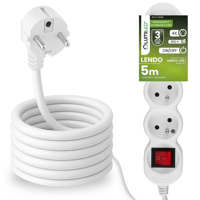 Przedłużacz Sieciowy Lumiled Kabel z Uziemieniem Listwa Zasilająca 4 Gniazda 5m z Włącznikiem Biały Sznur 1 szt.