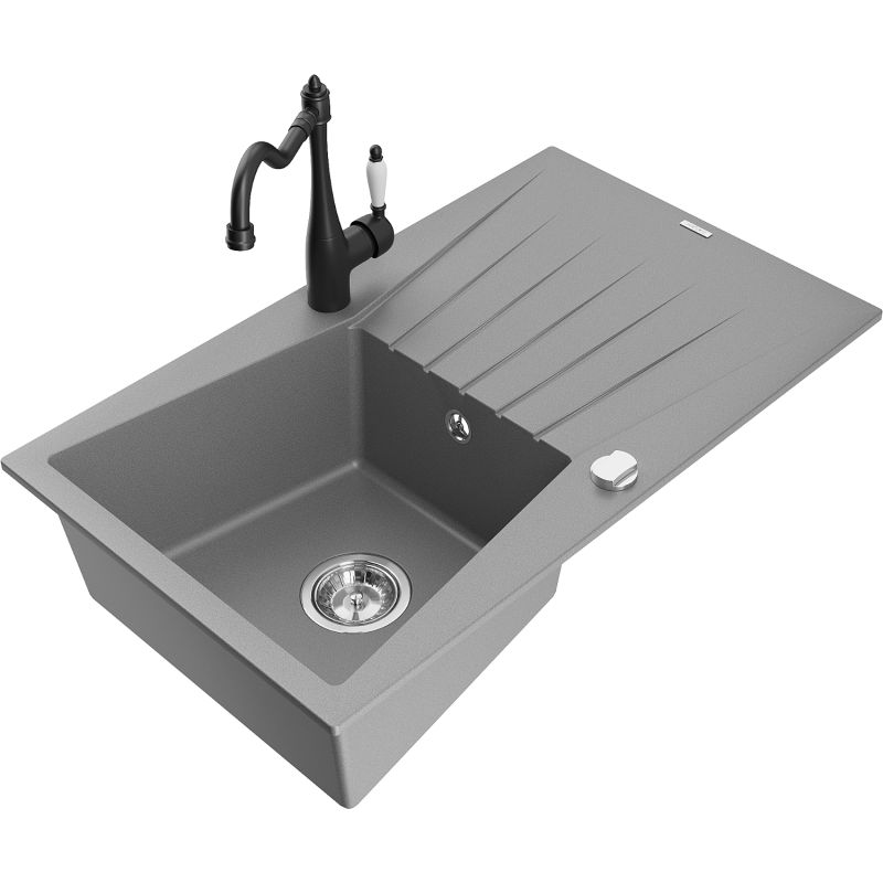 Zlewozmywak granitowy 1-komorowy Mexen Cesar z ociekaczem i baterią kuchenną Carla szary - 6514-71-670700-71 1 szt.