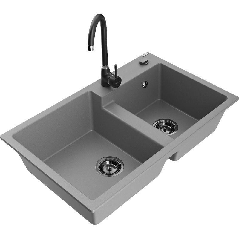 Zlewozmywak granitowy 2-komorowy Mexen Tomas z baterią kuchenną Telma szary - 6516-71-670200-00 1 szt.